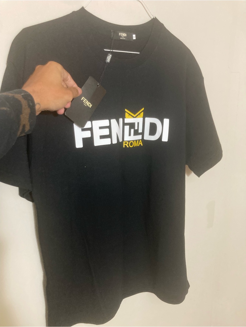 Fendi Black Logo Tee with White and Yellow Accents